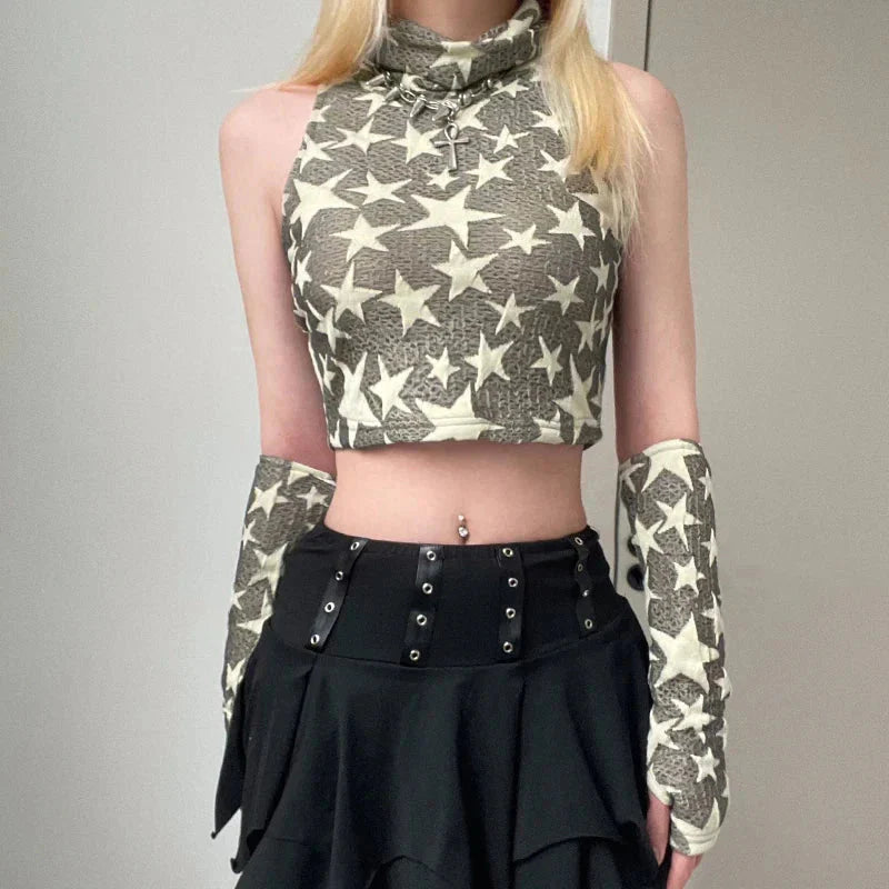 Y2K Crop Top mit Sternstickerei