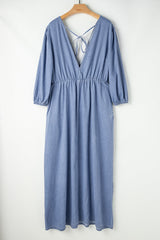 Vestido largo Myosotis Chambray con escote en V profundo y mangas con brazalete