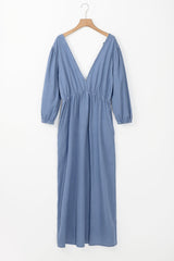 Vestido largo Myosotis Chambray con escote en V profundo y mangas con brazalete