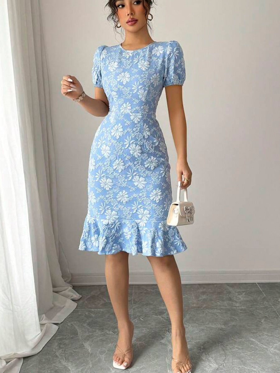 Flattering Slim Fit Flower Textured Puff Sleeves Bodycon Midi Dress