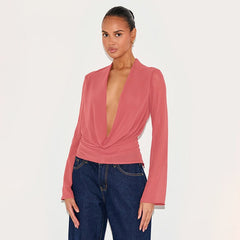 Deep V-neck Chiffon Long-Sleeved Top