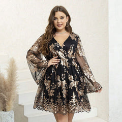 plus Size Dress V neck Embroidery Party Cocktail Evening Dress