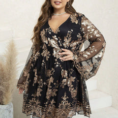 plus Size Dress V neck Embroidery Party Cocktail Evening Dress